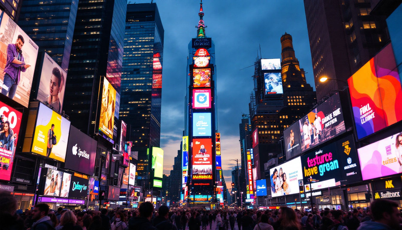 A photograph of capture a photograph of a vibrant led billboard in times square at dusk