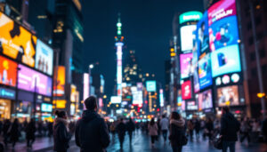 A photograph of capture a photograph of a vibrant outdoor led display in a bustling urban environment