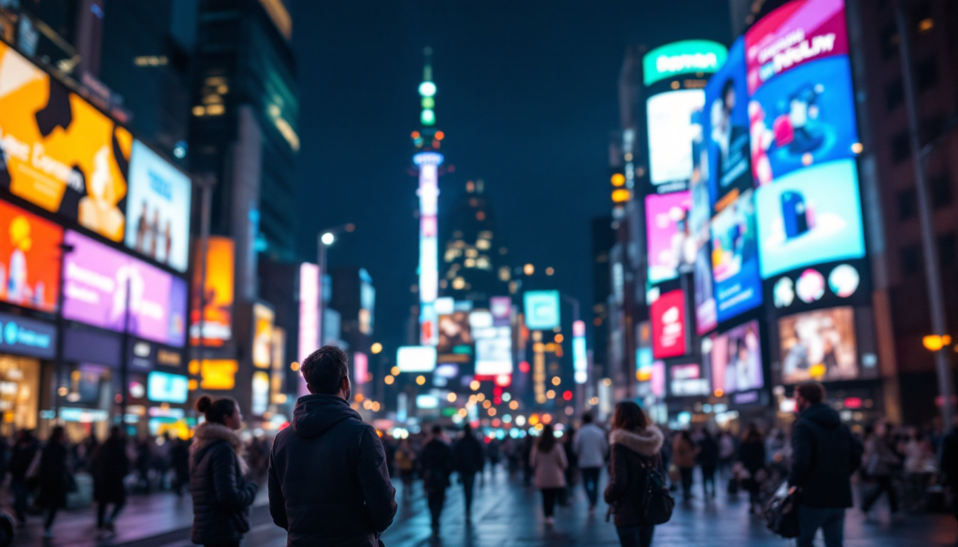 A photograph of capture a photograph of a vibrant outdoor led display in a bustling urban environment