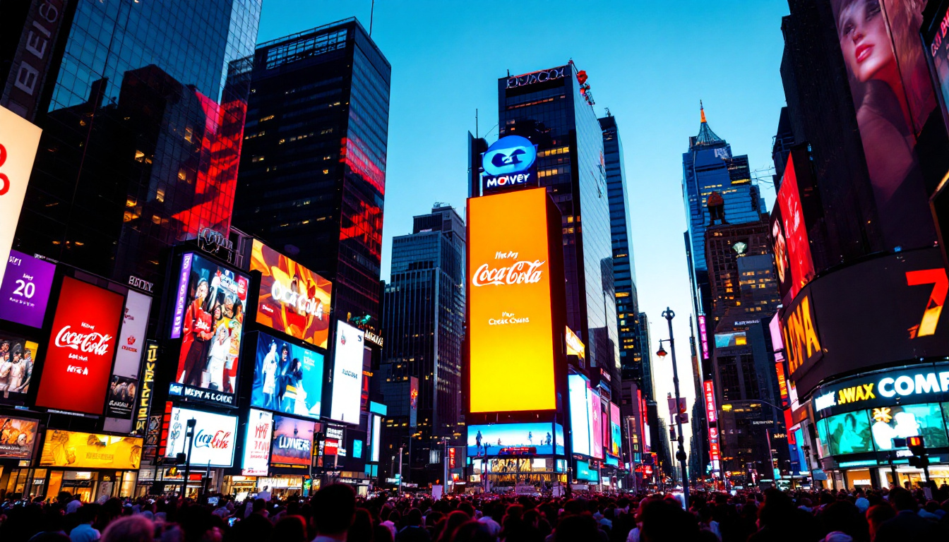 A photograph of capture a photograph of the vibrant coca cola billboard in times square at dusk