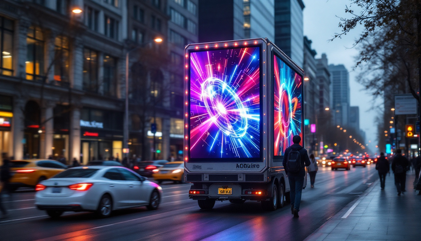 A photograph of a vibrant mobile billboard with an led display in action