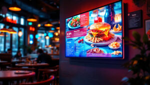 A photograph of a vibrant restaurant interior showcasing a sleek led display featuring a dynamic menu or promotional content
