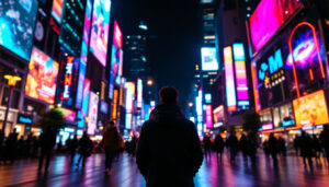 A photograph of a vibrant led display in a bustling urban setting at night