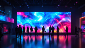 A photograph of a vibrant led video wall in a dynamic setting