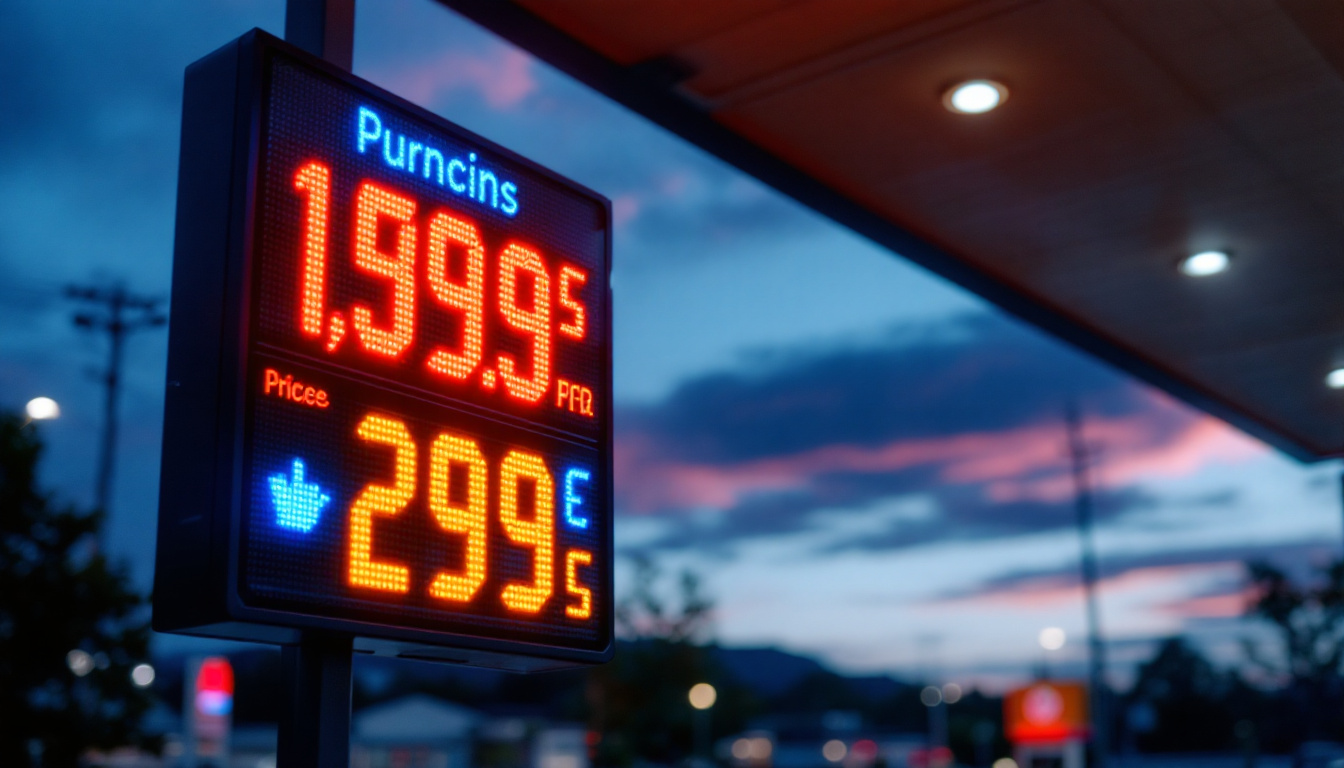 A photograph of a vibrant led gas price sign illuminated at dusk