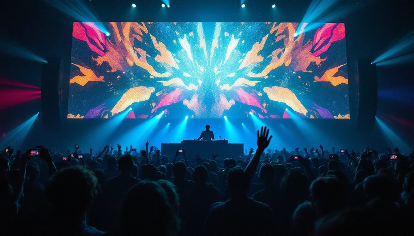 A photograph of a vibrant dj setup featuring a large led display in action