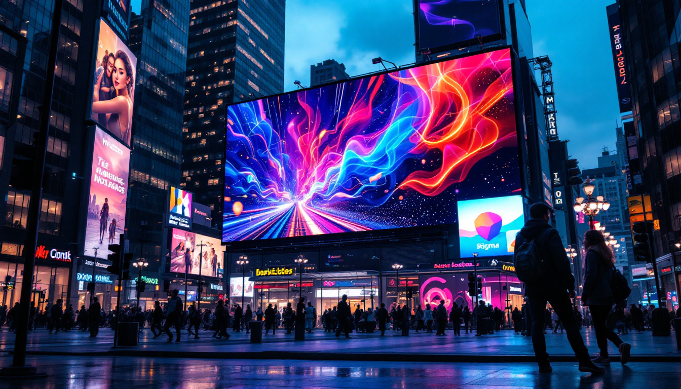 A photograph of a vibrant outdoor digital billboard displaying dynamic advertisements in a bustling urban setting