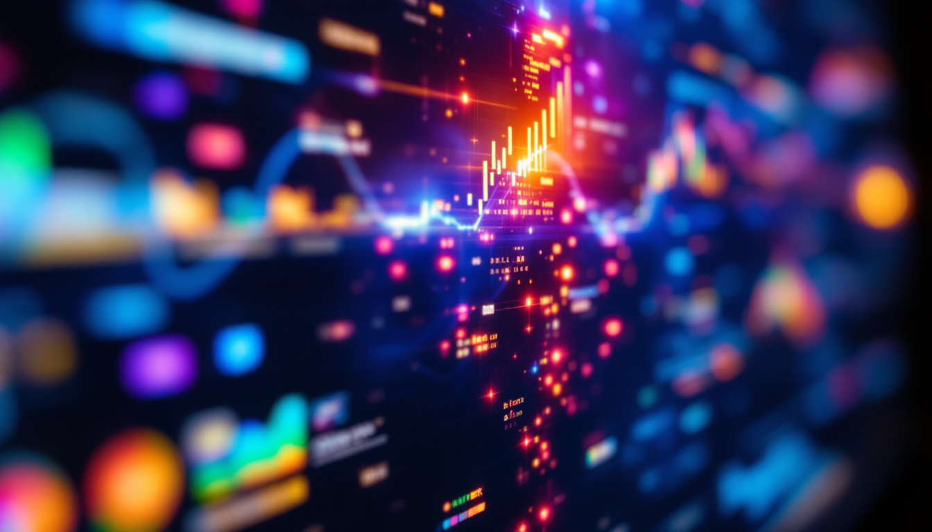 A photograph of a close-up of a computer monitor displaying vibrant images with varying shades and colors