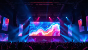 A photograph of a vibrant stage setup featuring a large led display in action