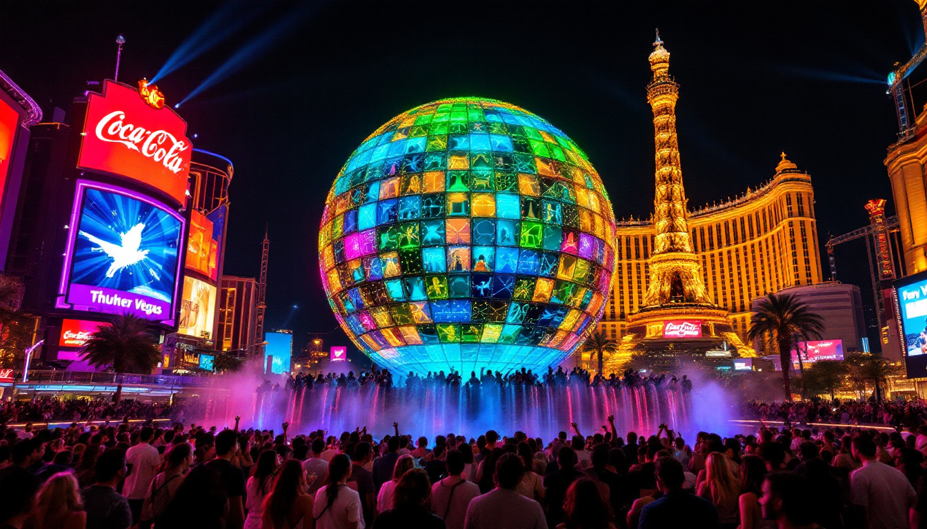 A photograph of the big ball vegas illuminated at night