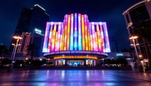 A photograph of the grand exterior of the biggest theatre in las vegas