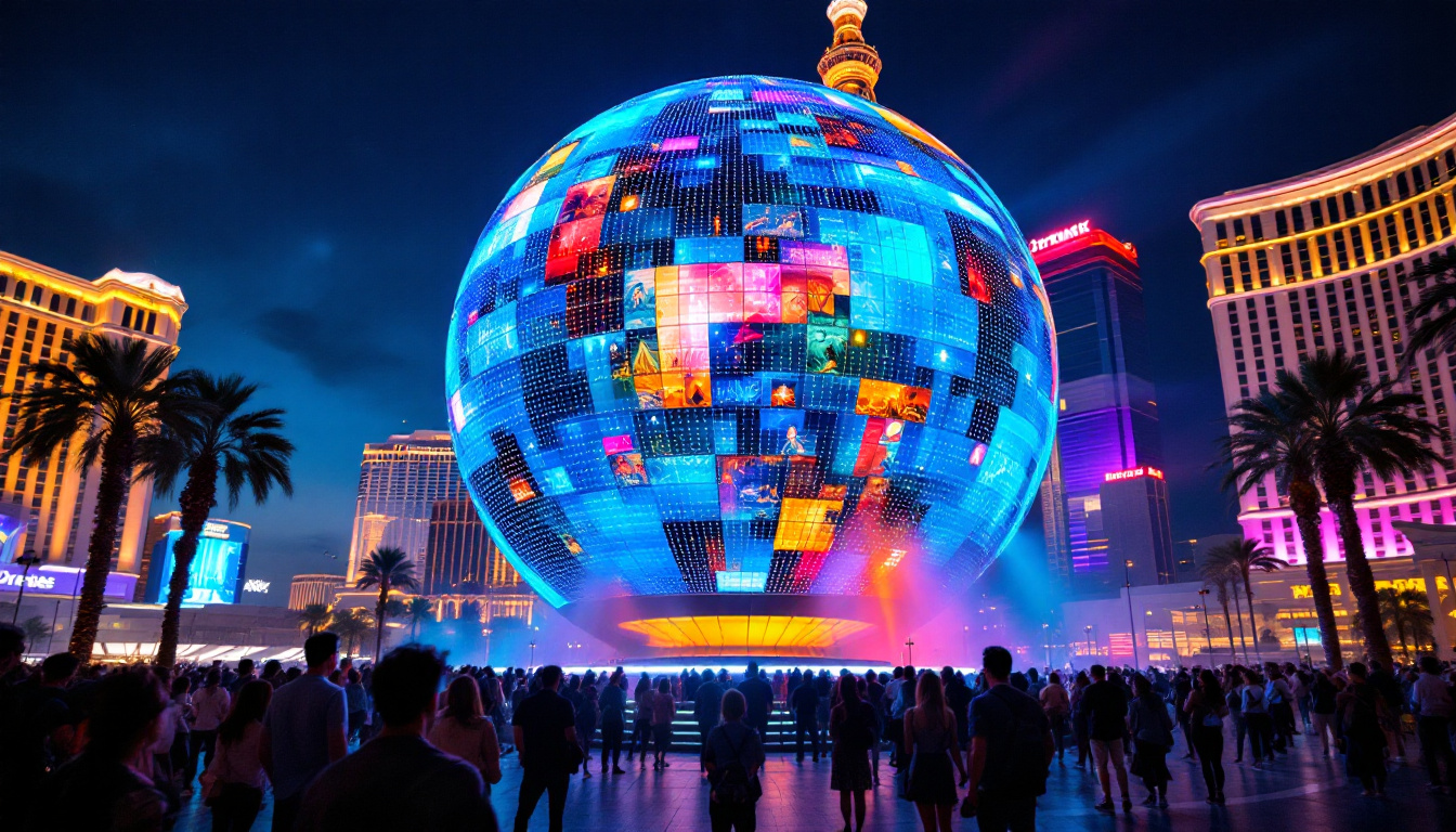 A photograph of the sphere in las vegas illuminated at night
