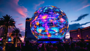 A photograph of capture a photograph of the sphere in las vegas at dusk