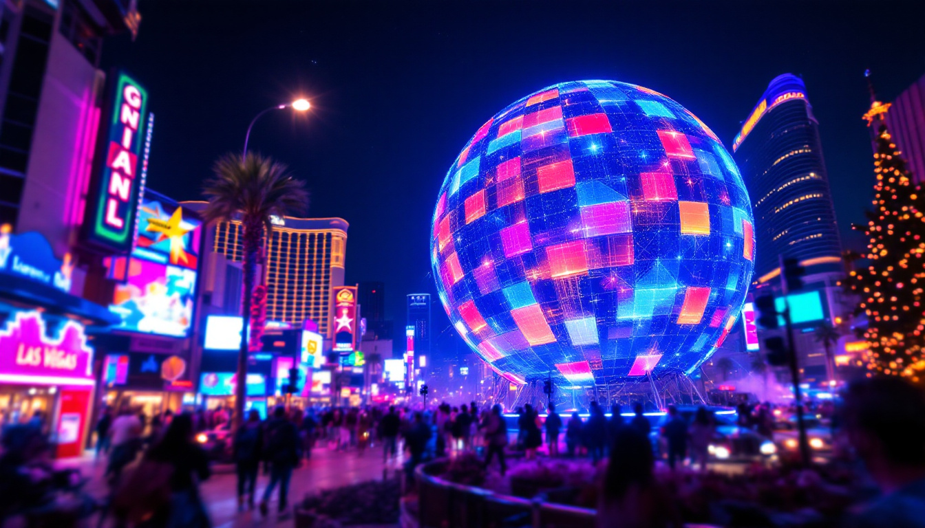 A photograph of capture a photograph of the giant ball led display in las vegas at night