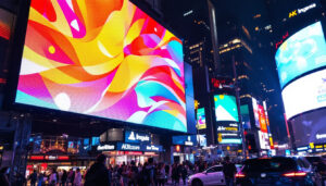 A photograph of a vibrant led display in a bustling urban environment