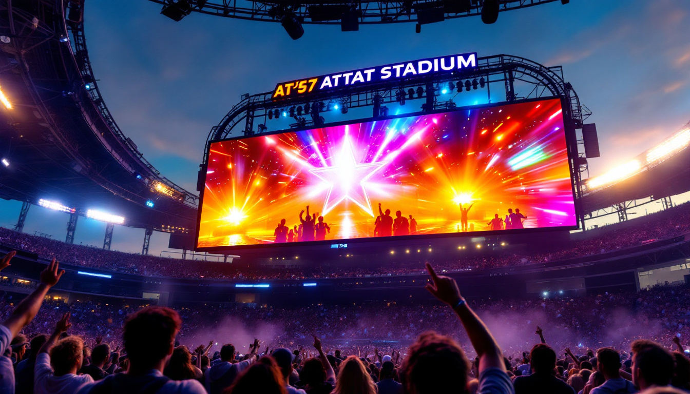 A photograph of capture a photograph of the at&t stadium's massive led screen in action during a game or event