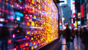 A photograph of a vibrant led display in a dynamic urban setting