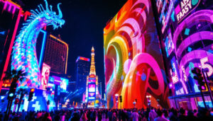 A photograph of a vibrant led display in las vegas at night