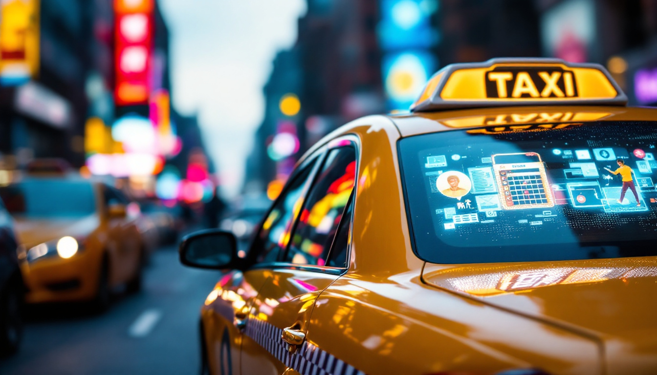 A photograph of a brightly lit taxi cab with an led display showcasing dynamic advertisements or information