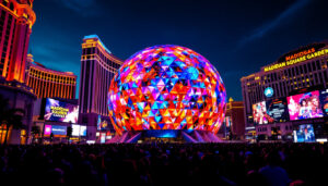 A photograph of the las vegas madison square garden sphere at dusk