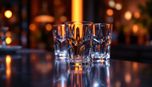 A photograph of capture a photograph of the mandalorian glass set elegantly displayed on a sleek surface