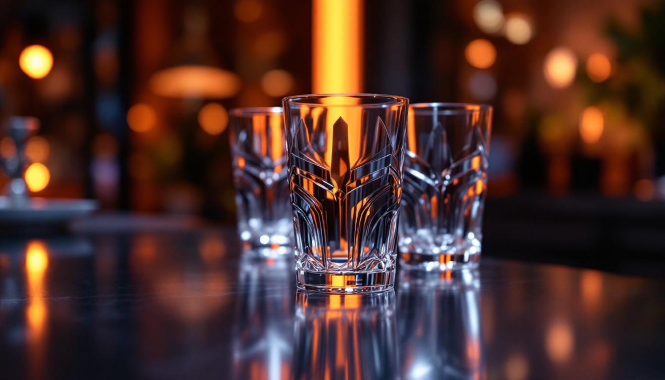 A photograph of capture a photograph of the mandalorian glass set elegantly displayed on a sleek surface