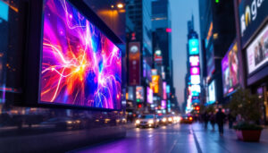 A photograph of a vibrant led display in a dynamic urban setting