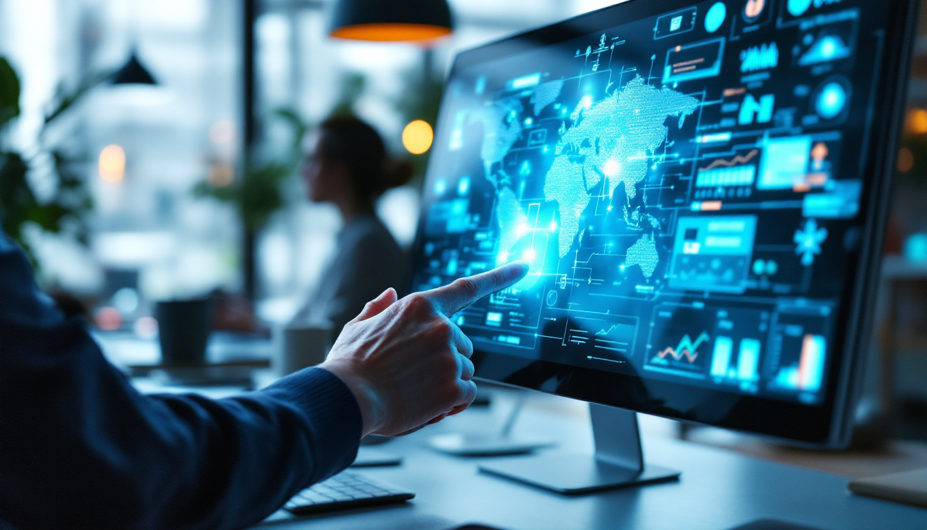 A photograph of a sleek touch screen computer display in a modern workspace