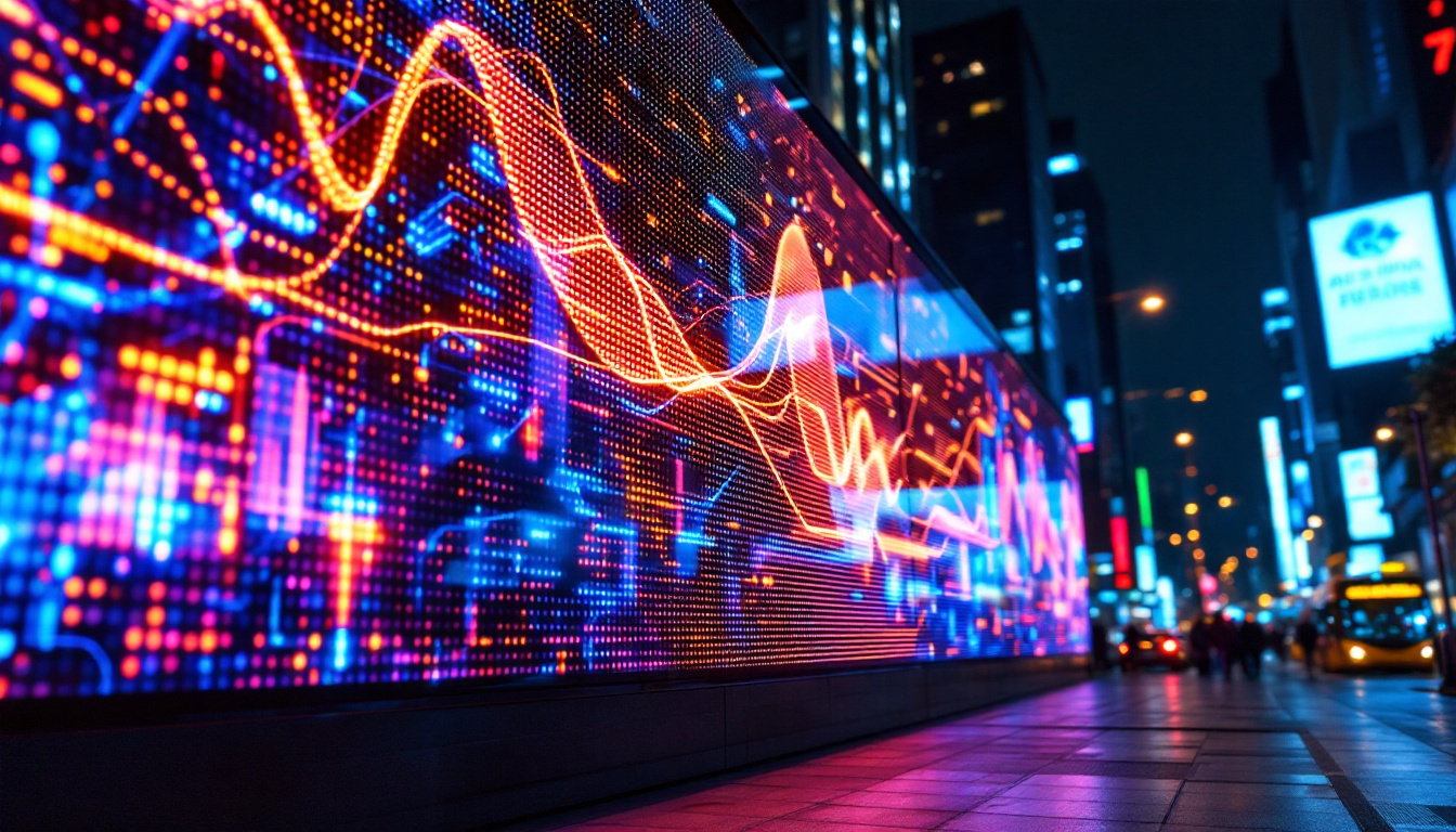 A photograph of a vibrant led display showcasing dynamic digital art in an urban setting