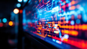 A photograph of a close-up of an led display in a dimly lit environment