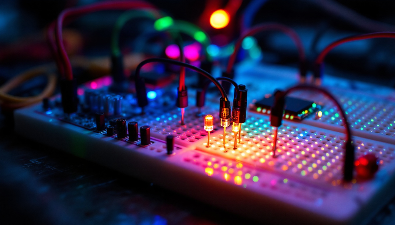A photograph of a close-up shot of a breadboard setup featuring a colorful led display