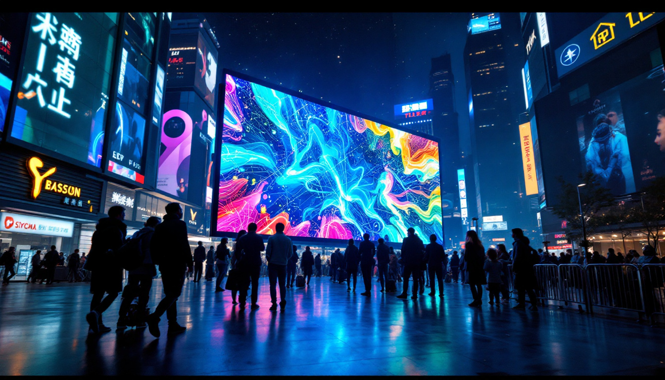 A photograph of capture a photograph of a vibrant led display in a dynamic urban setting