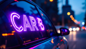 A photograph of a vibrant led car window sign in action