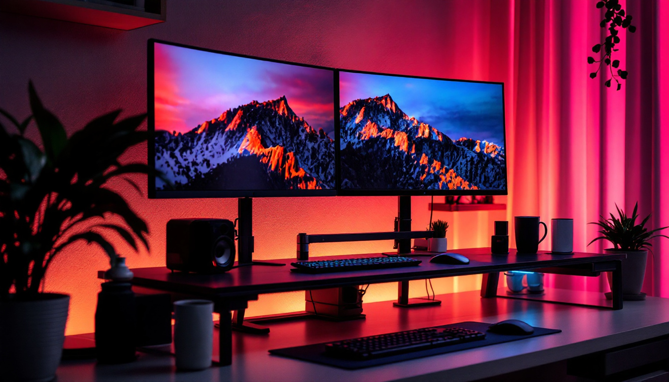 A photograph of a dual monitor floor stand in an aesthetically pleasing workspace setup