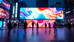A photograph of a vibrant led display board in a dynamic urban setting
