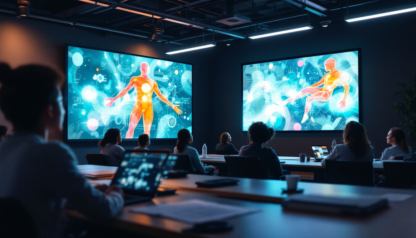 A photograph of a modern classroom featuring an led display in action