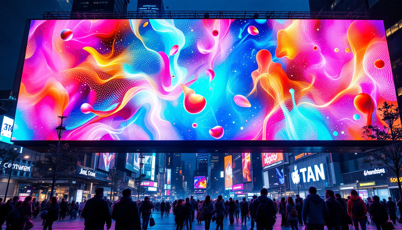 A photograph of a vibrant led display in a bustling urban environment