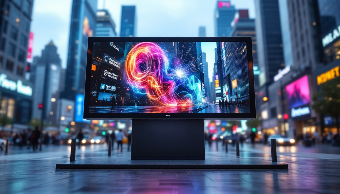 A photograph of a vibrant led display showcasing dynamic visuals in an urban setting