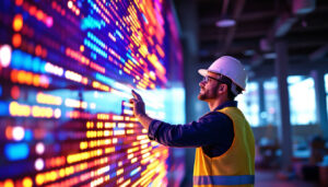 A photograph of a contractor inspecting a vibrant led display installation at a construction site in oregon