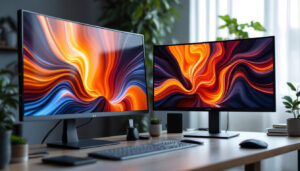 A photograph of a side-by-side comparison of an led monitor and an lcd monitor