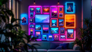 A photograph of a stylishly arranged photo grid wall featuring vibrant led displays