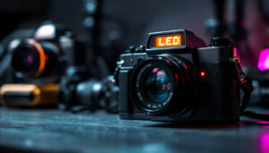 A photograph of a vintage film camera prominently featuring its led display