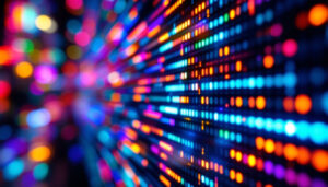 A photograph of a close-up view of an lcd screen matrix displaying vibrant led graphics