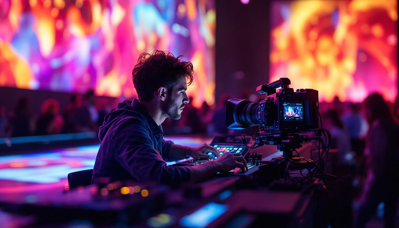 A photograph of a professional videographer operating a high-quality led display setup during an event