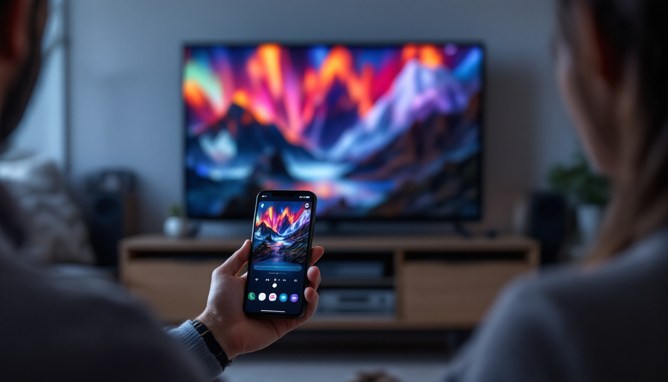 A photograph of a person using a smartphone to wirelessly display their screen on a large led tv