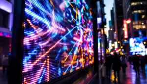 A photograph of capture a photograph of a vibrant led display in a bustling portland setting