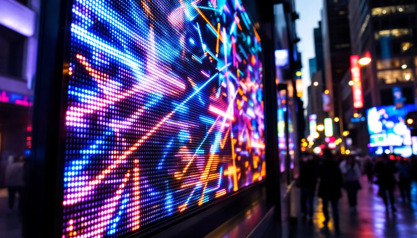 A photograph of capture a photograph of a vibrant led display in a bustling portland setting