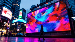 A photograph of a vibrant led display in an urban setting