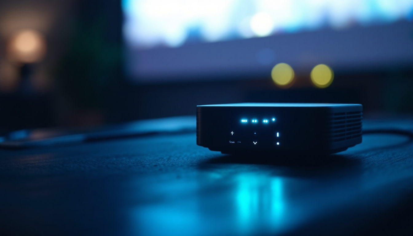 A photograph of a close-up shot of a projector clicker featuring its led display in action