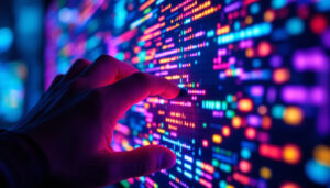 A photograph of a close-up of a vibrant led display showcasing dynamic colors and patterns